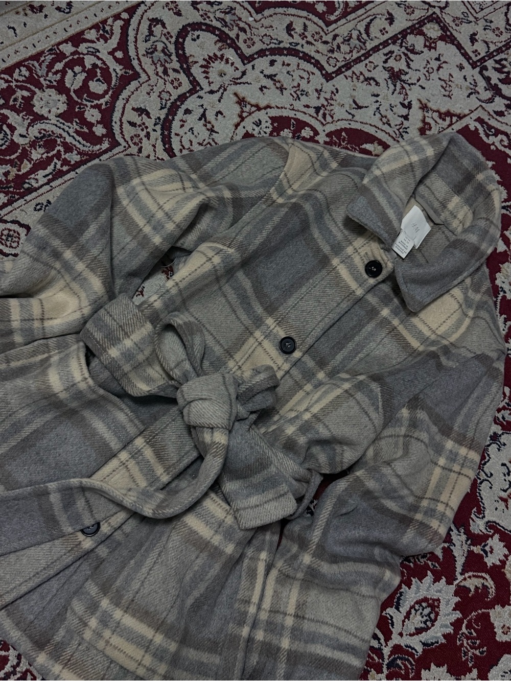 H&M Gray and Cream Plaid Coat with Self-Tie Belt